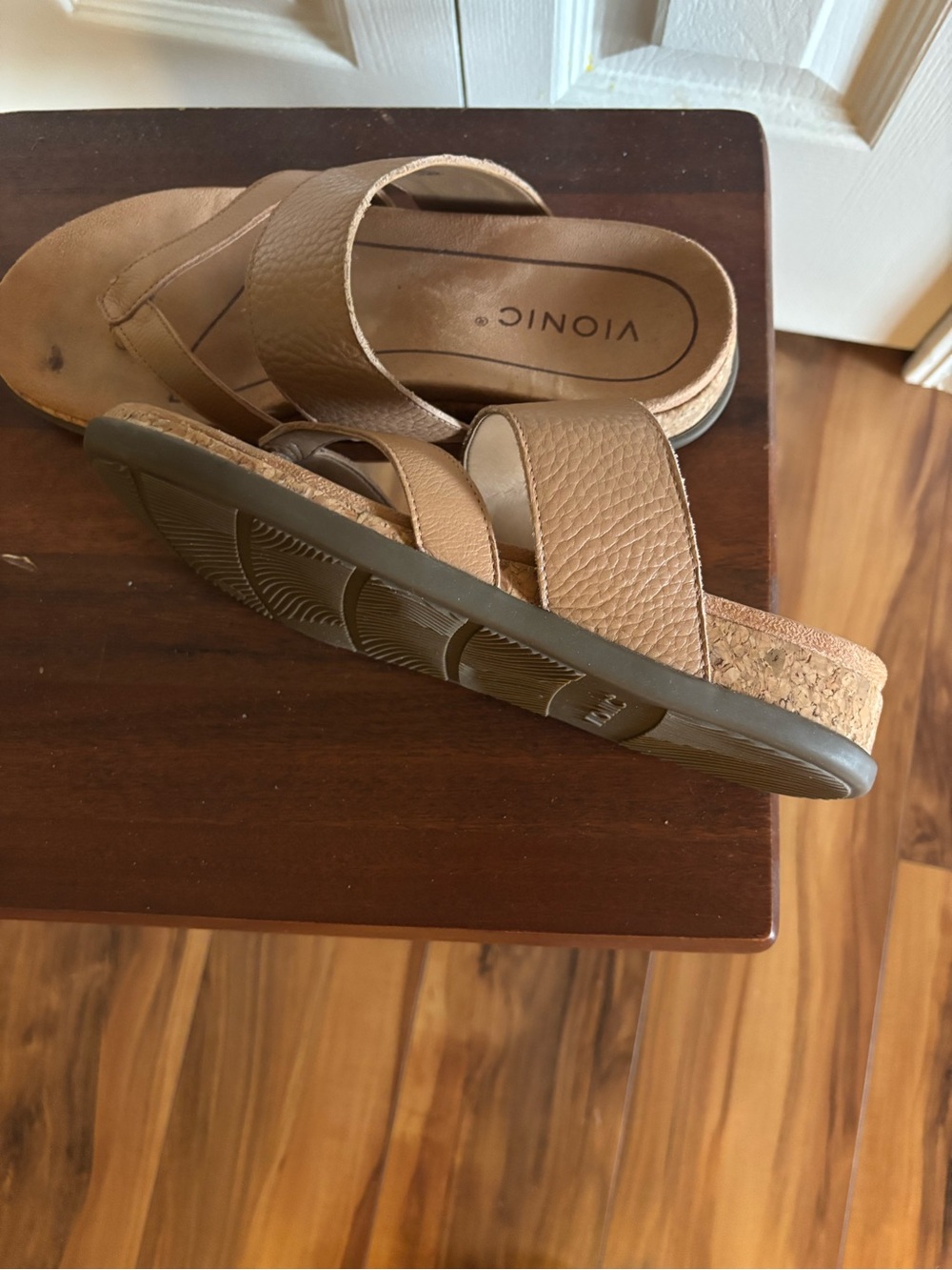 Vionic Tan Slip-On Leather Sandals with Wide Strap - Picture 2 of 3